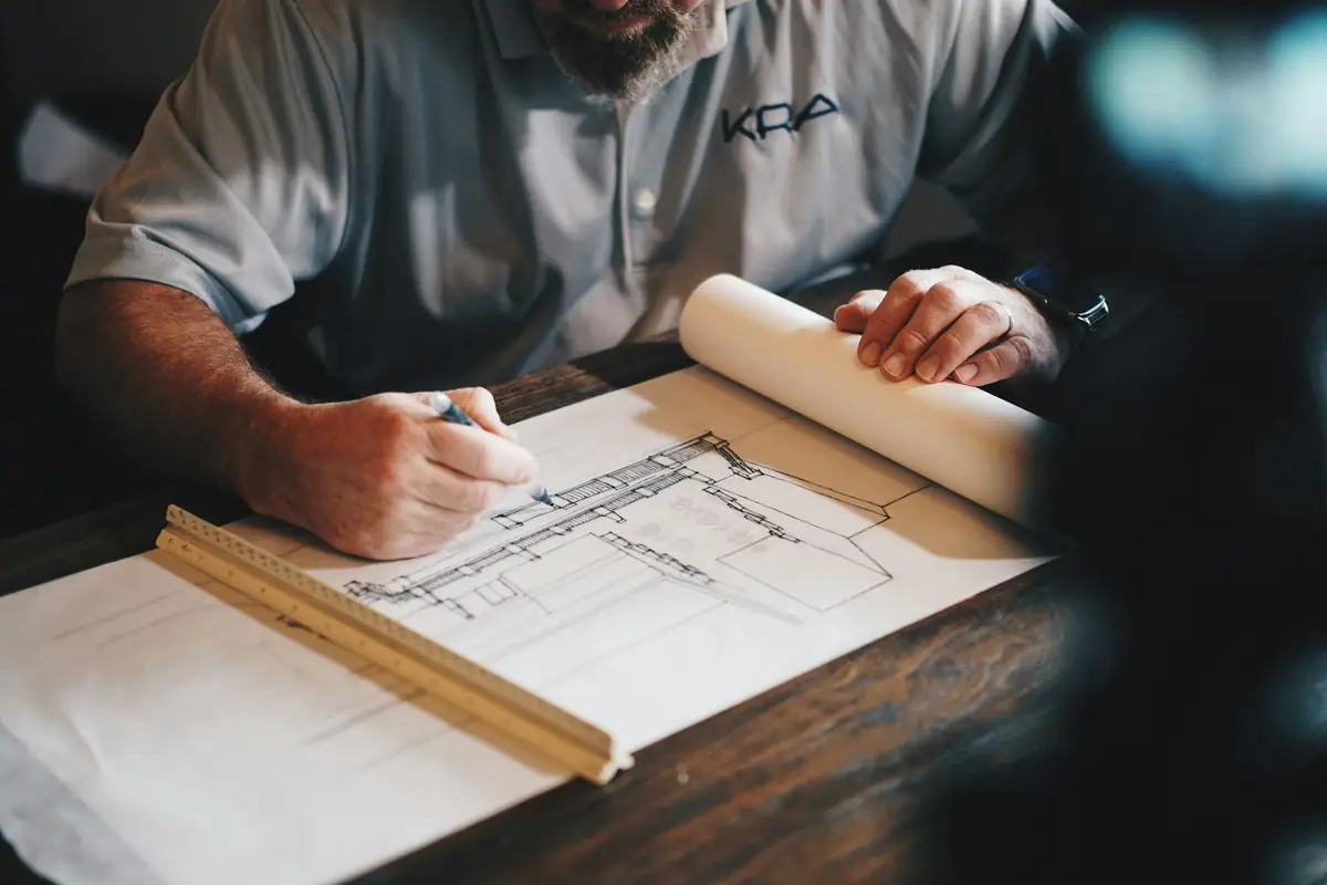 Architectural drafting desk with drawings