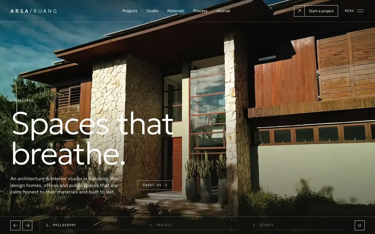 ARSA/RUANG homepage with a video of a tropical house