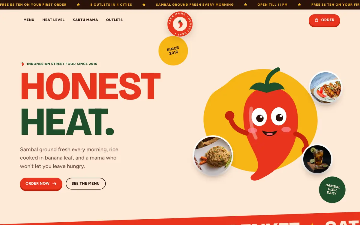 Cabe Mama food brand homepage with a chilli mascot