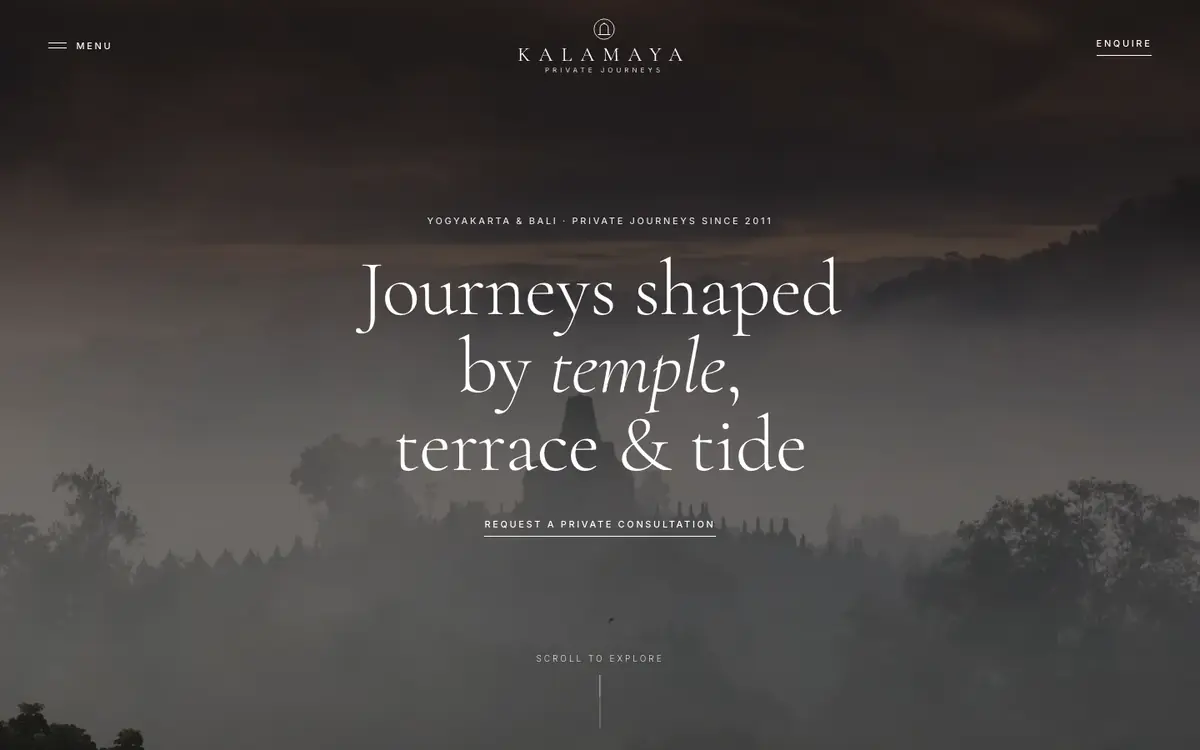 Kalamaya luxury travel homepage over a misty Borobudur
