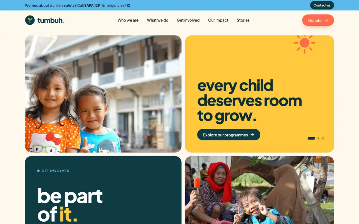 tumbuh foundation homepage with colourful tiles