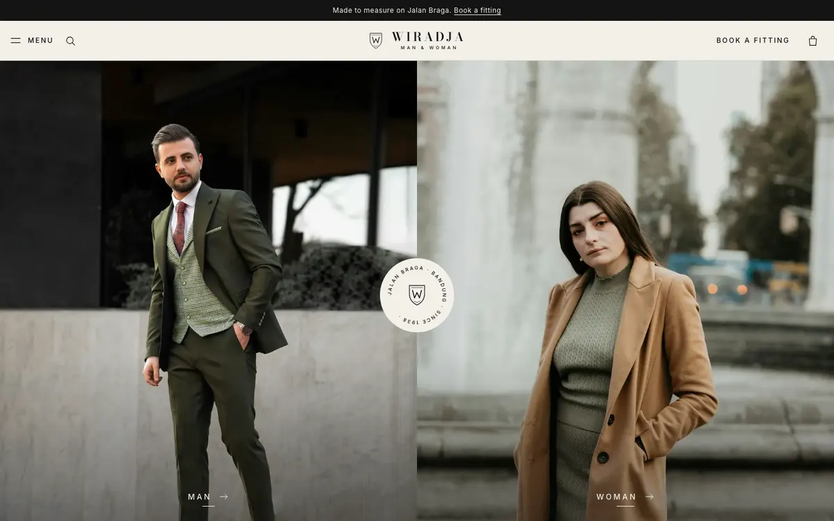 Wiradja heritage store homepage split into Man and Woman panels
