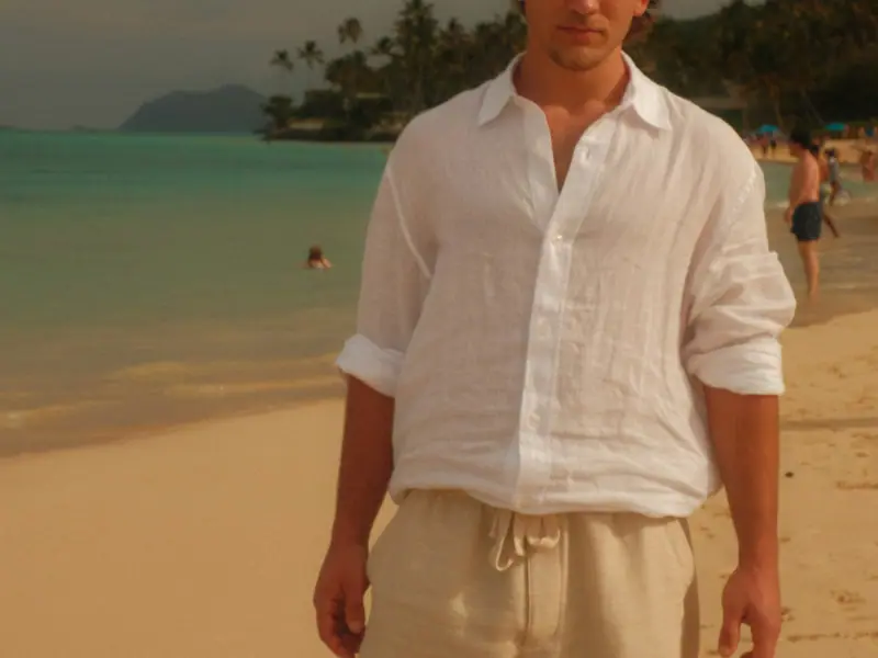 A man in a white linen shirt on a beach at dusk